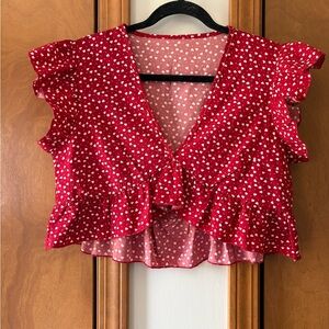 Red Heart Print Ruffle Wrap Top